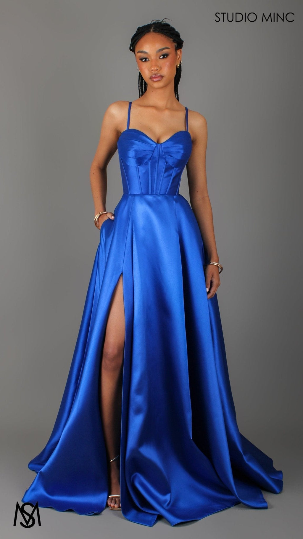 Capri - Cobalt Blue Formal Dress, satin strapless boned corset lace up gown pockets leg slit