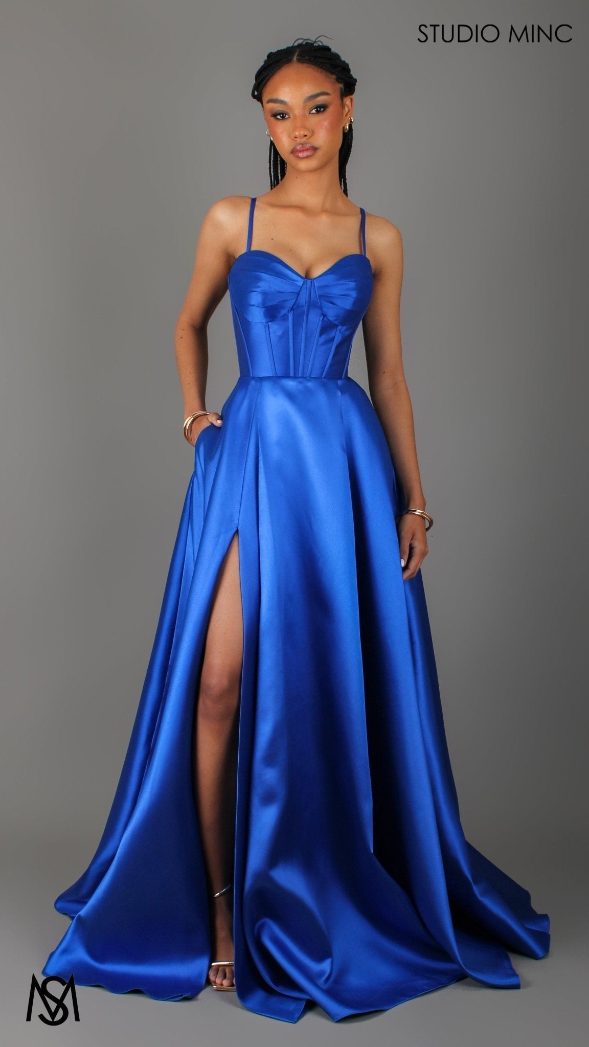 Capri - Cobalt Blue Formal Dress, satin strapless boned corset lace up gown pockets leg slit
