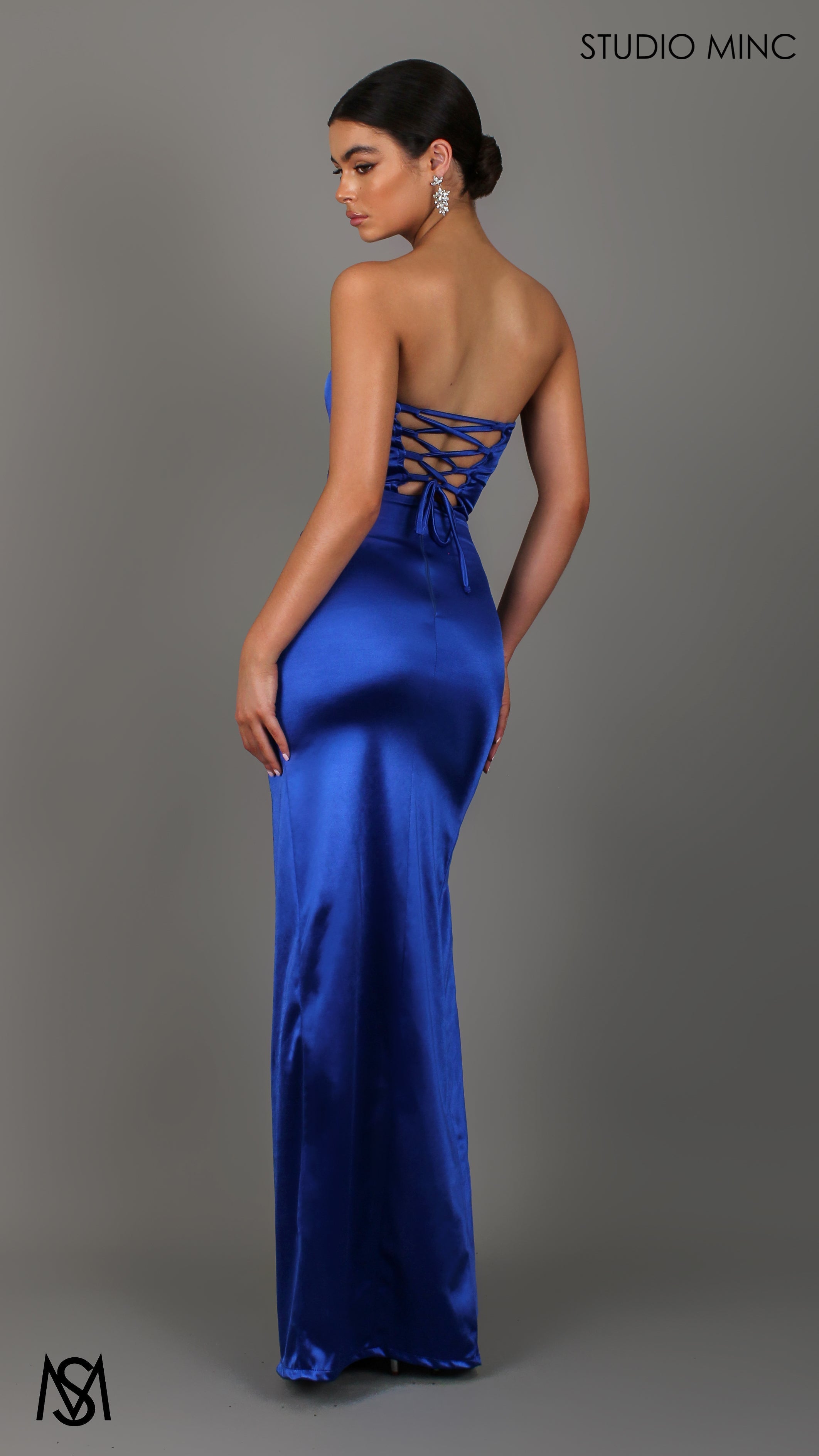 Iris - Cobalt Blue Formal Dress, Satin Strapless Corset Lace Up Fitted Leg Split