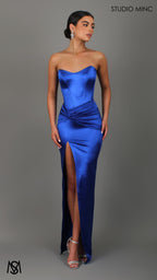 Iris - Cobalt Blue Formal Dress, Satin Strapless Corset Lace Up Fitted Leg Split