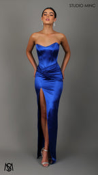 Iris - Cobalt Blue Formal Dress, Satin Strapless Corset Lace Up Fitted Leg Split