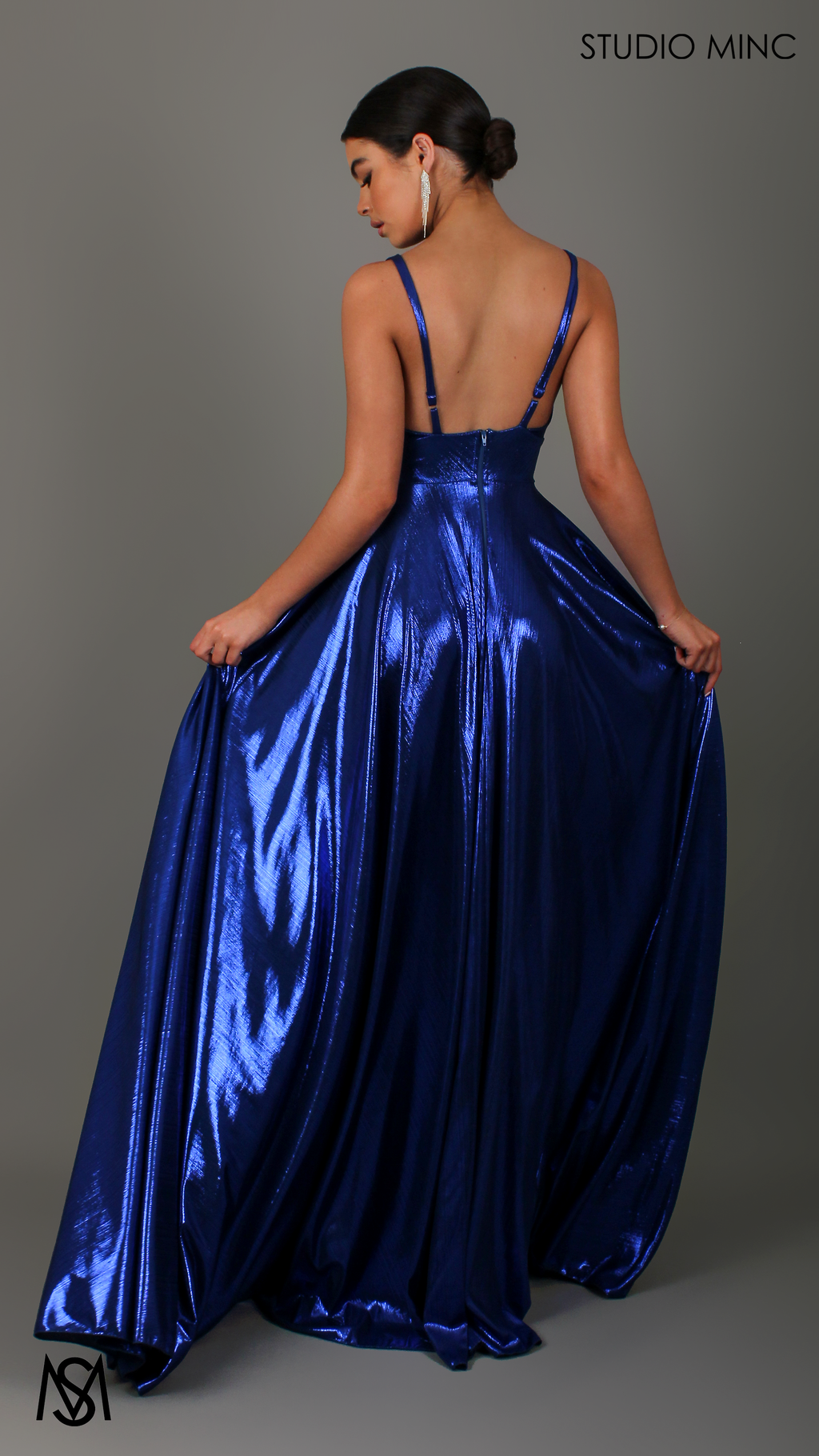 Lustre - Cobalt Blue Formal Dress, Metallic V Plunge Neckline with leg Split