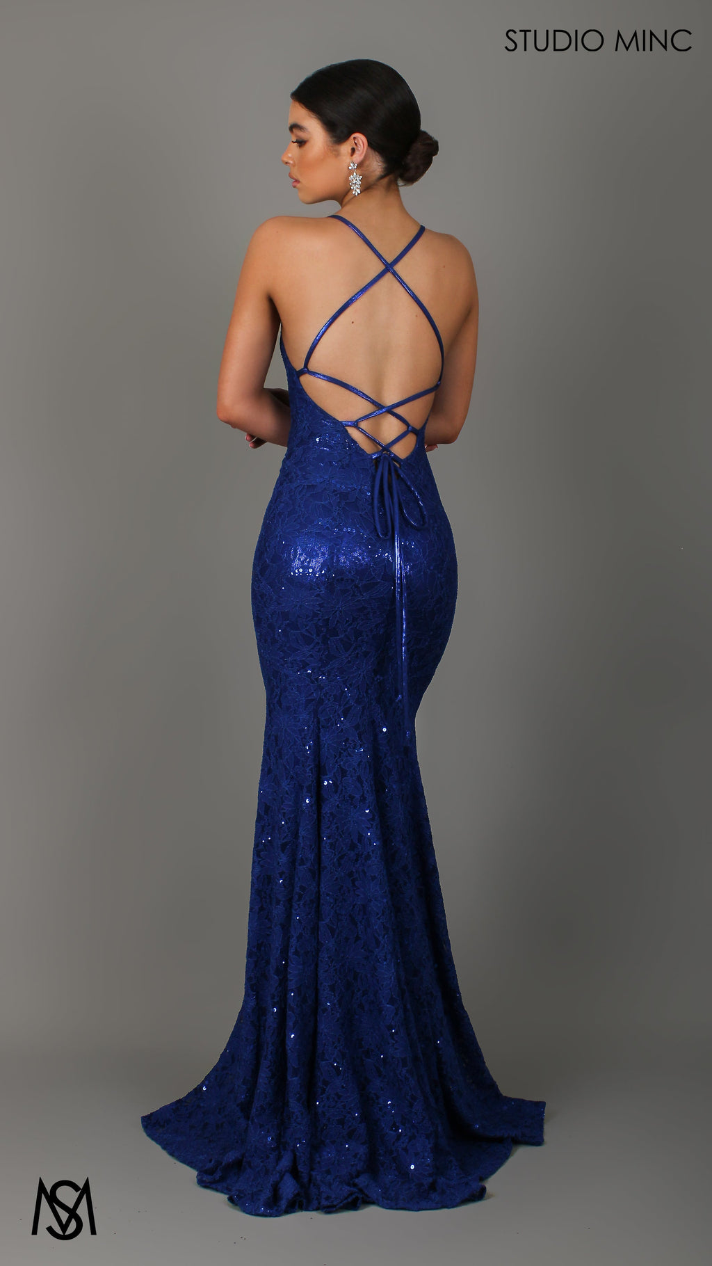 Passion - Cobalt Blue Formal Dress, Floral Lace V Neckline Backless Lace Up Fitted Mermaid