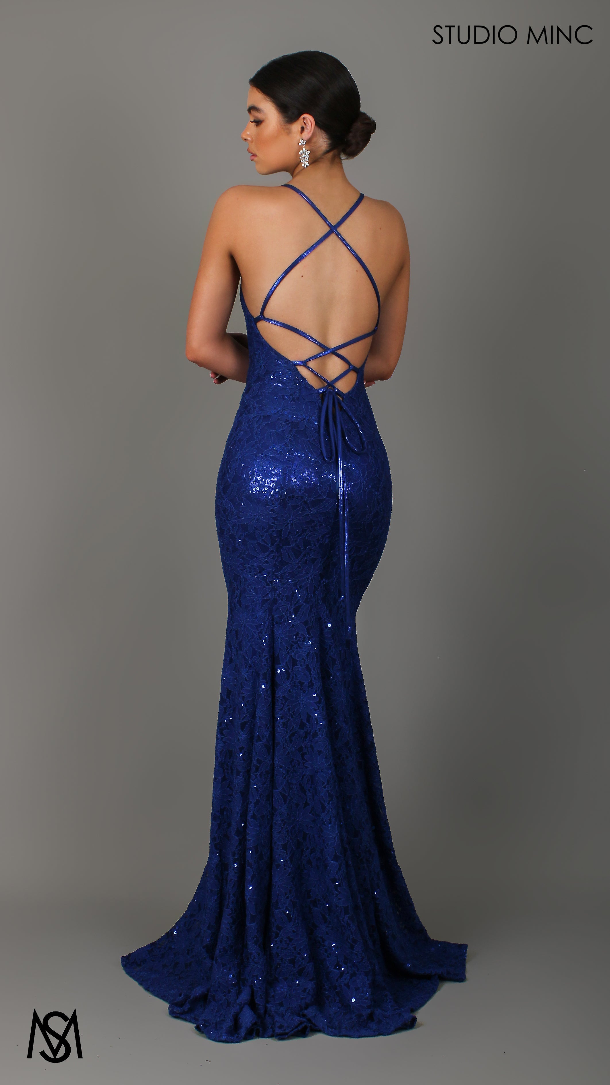 Passion - Cobalt Blue Formal Dress, Floral Lace V Neckline Backless Lace Up Fitted Mermaid