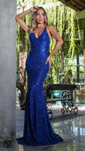 Passion - Cobalt Blue Formal Dress, Floral Lace V Neckline Backless Lace Up Fitted Mermaid
