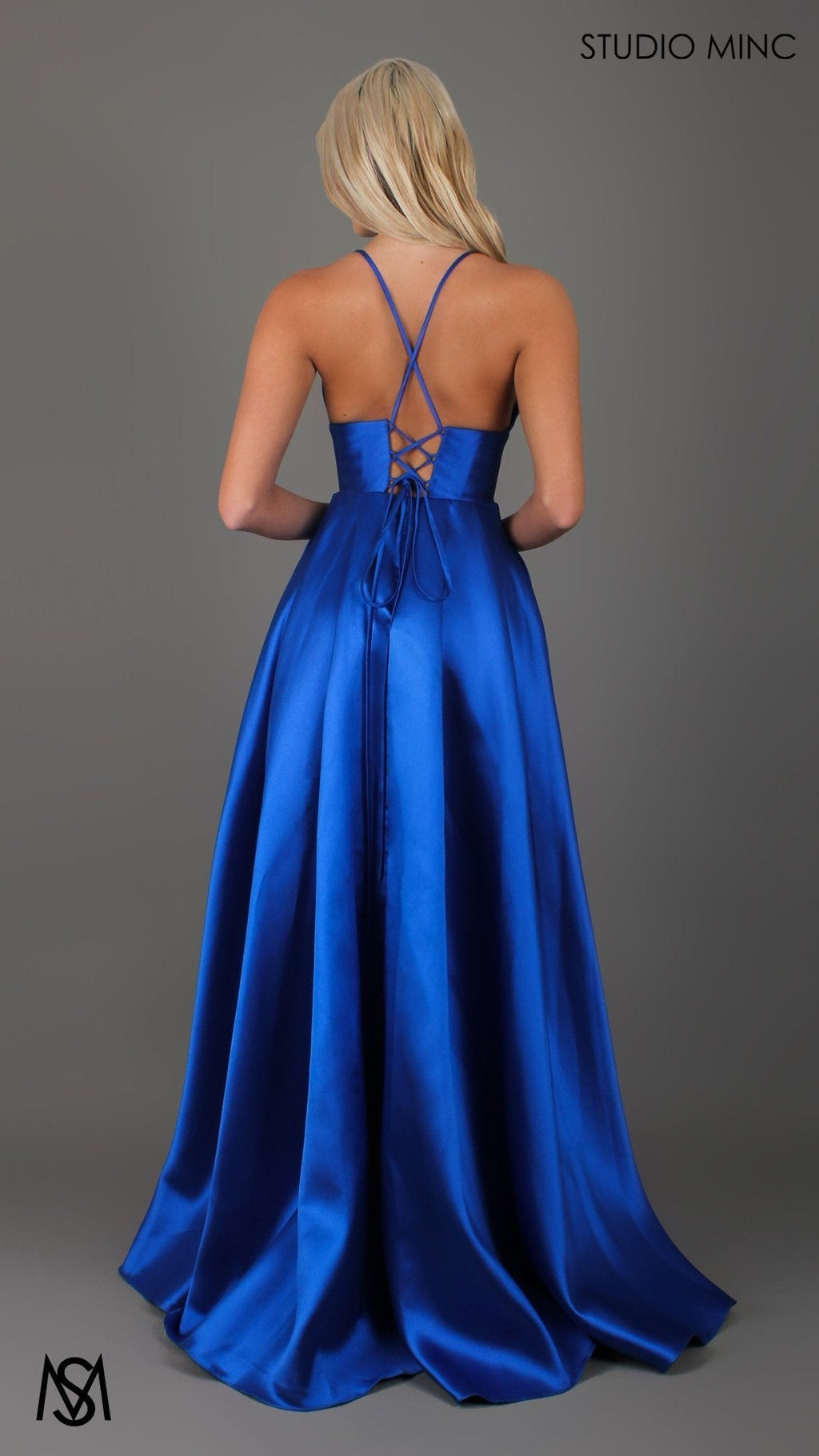 Riviera - Cobalt Blue formal dress | V Plunge neckline, backless Satin Gown with Pockets and leg slit
