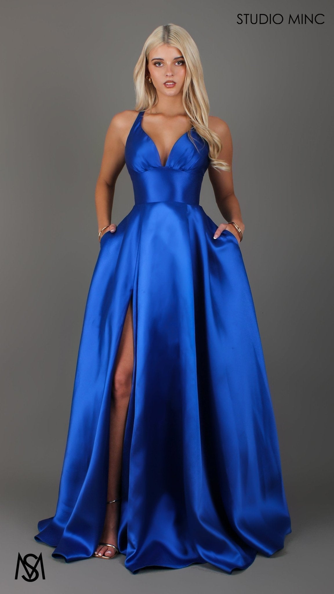 Riviera - Cobalt Blue formal dress | V Plunge neckline, backless Satin Gown with Pockets and leg slit