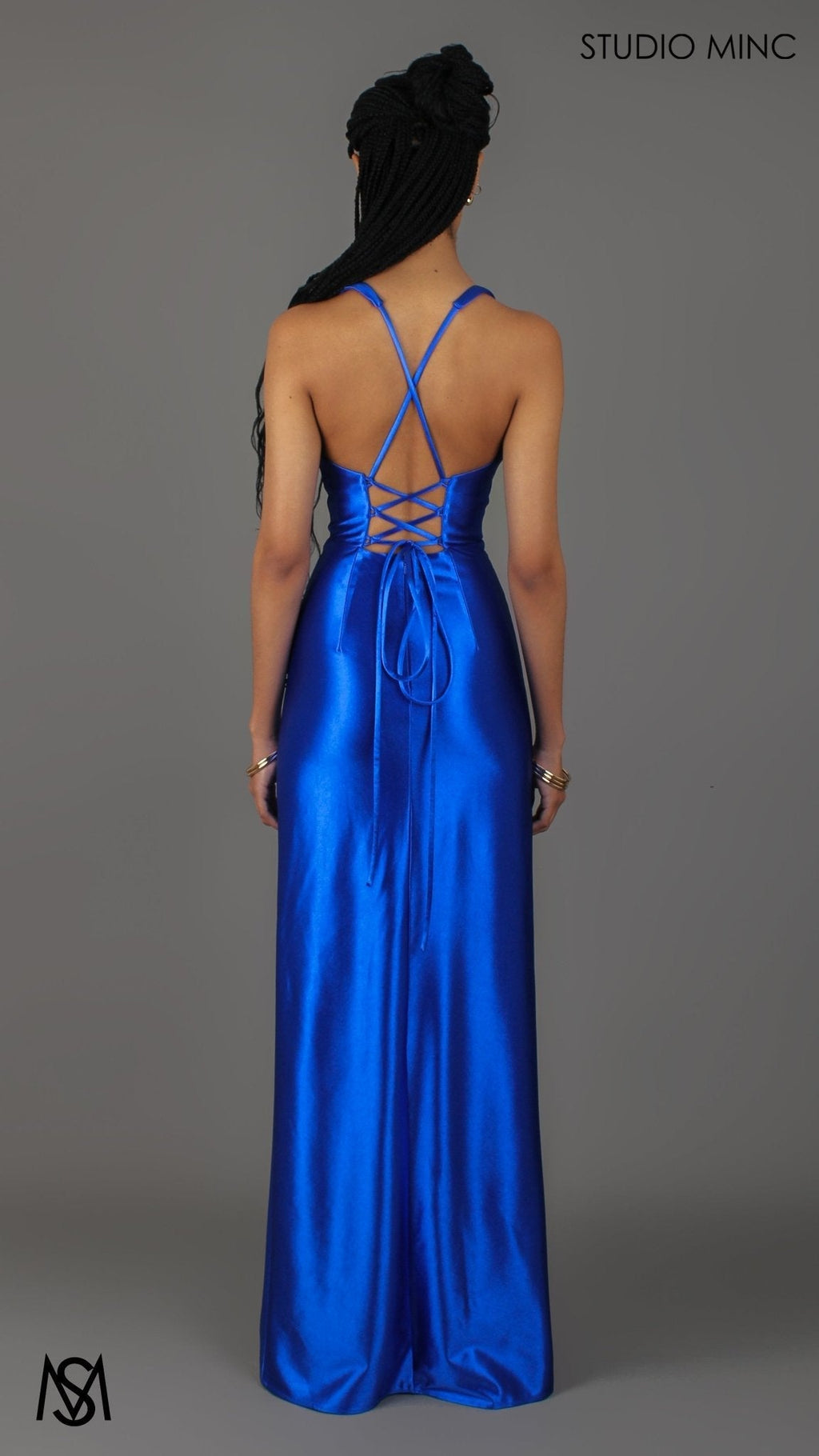 Sicily - Cobalt Blue Formal Dress, Satin V Plunge neckline Cowl fitted backless leg slit