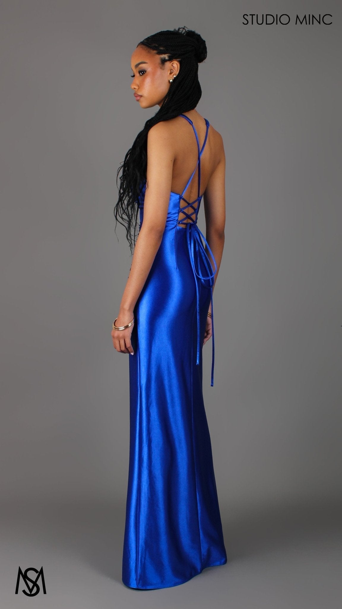 Sicily - Cobalt Blue Formal Dress, Satin V Plunge neckline Cowl fitted backless leg slit