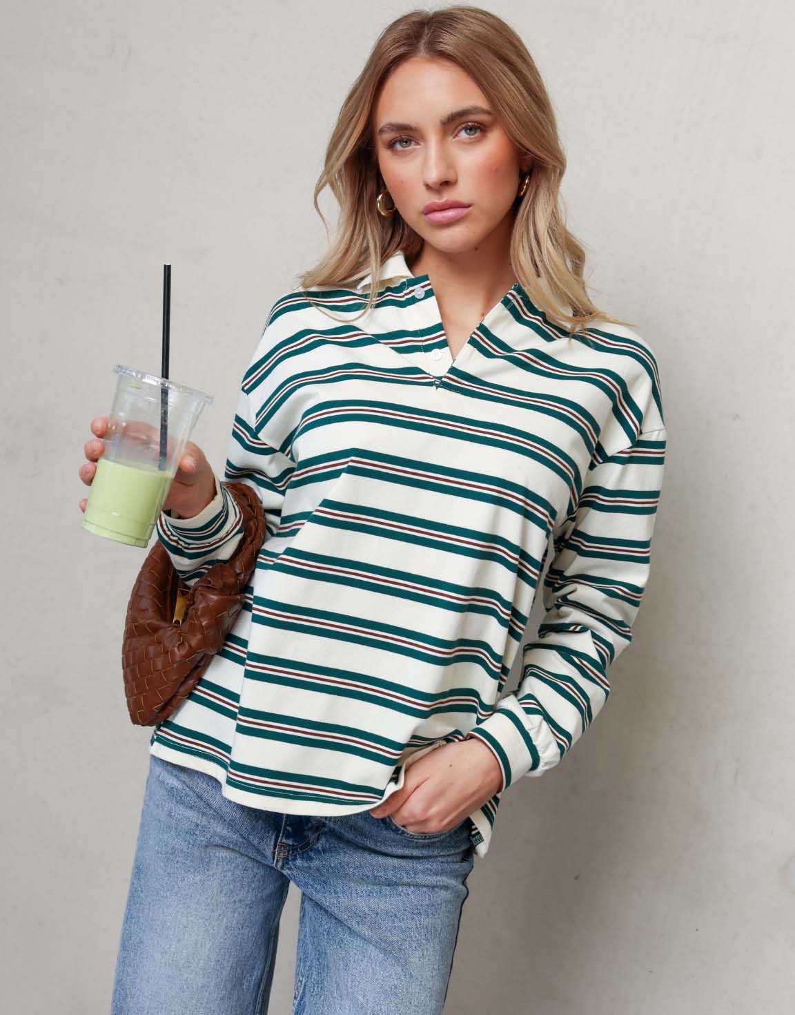 Creme Gestreepte Kraag - T-shirt