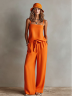 Women's Orange Linen Two-Piece Set With Square Neck Cami Top & Tie-Waist Wide-Leg Pants, Timeless Boho-Resort Style Set MDZ0825D5I
