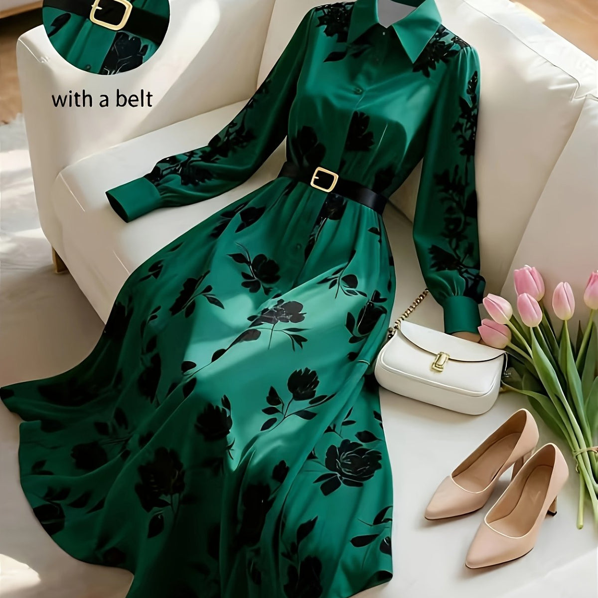 French Floral Belted Maxi Dress