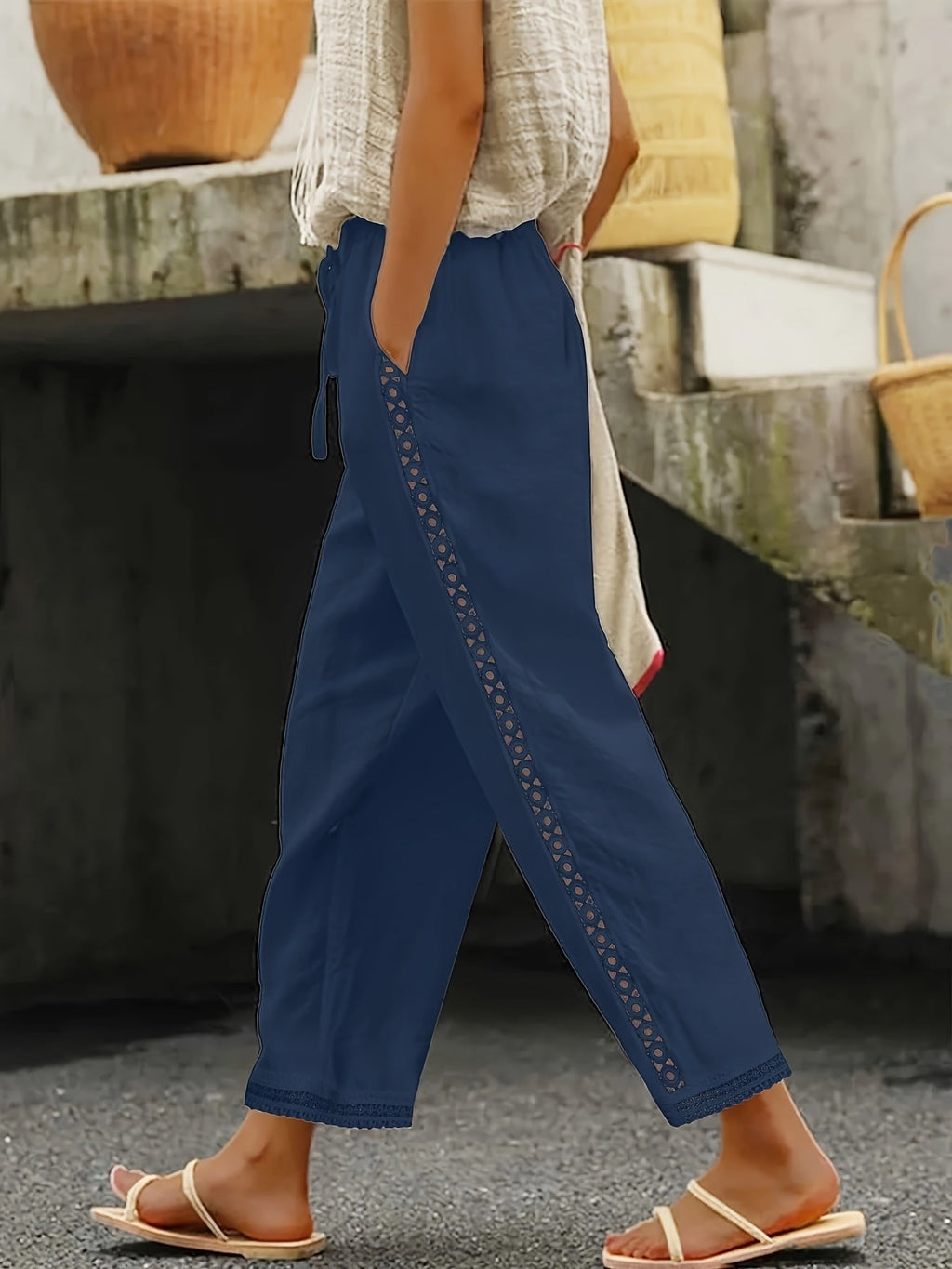 Chic Lace Patchwork Solid Ankle Pants