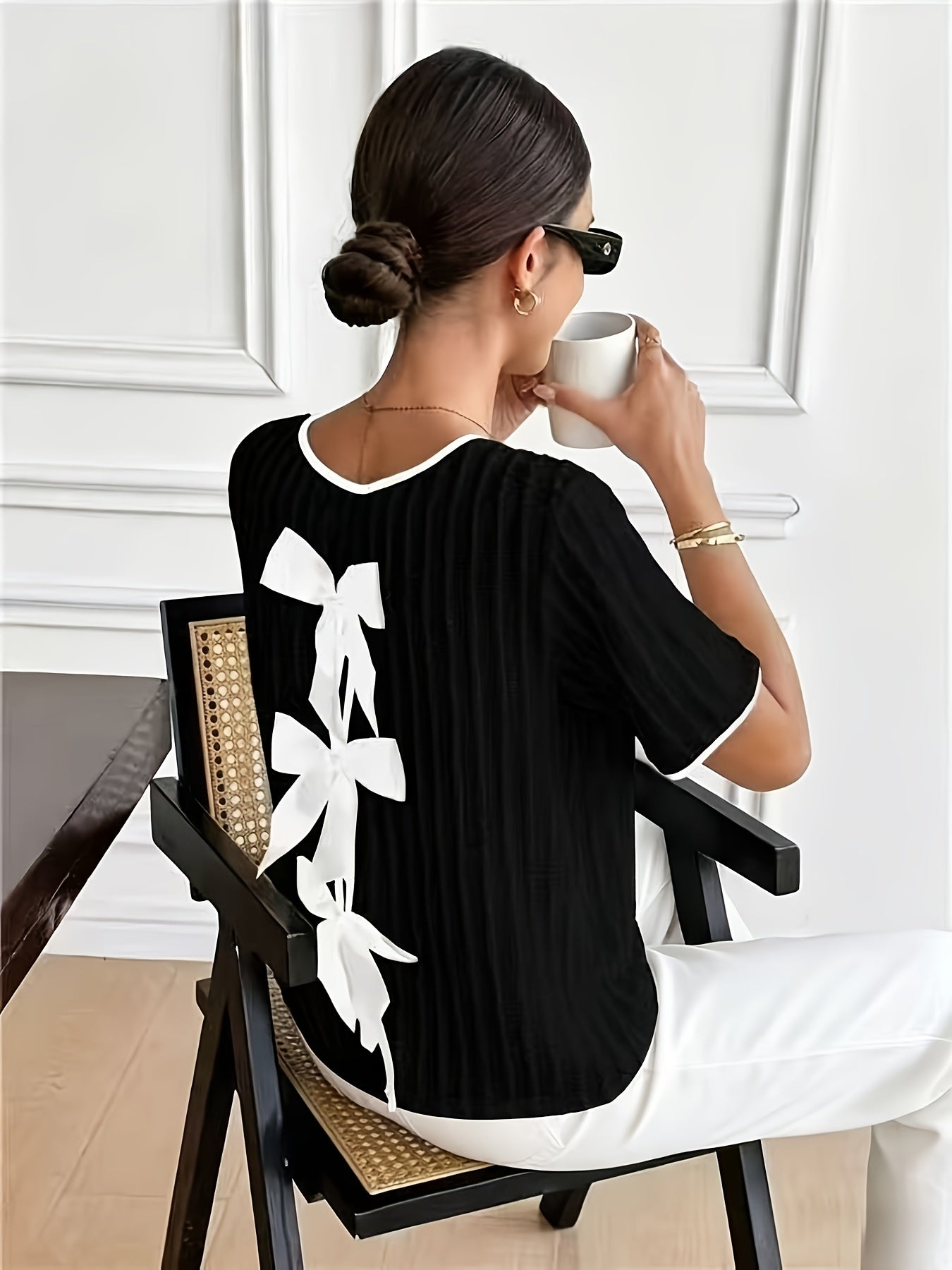 French Style Apricot Bow Back Stripe Crepe Top