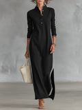 Women's Minimalist White-trimmed Button-down Collar Sweatshirt Maxi Dress MDA0958L0Y