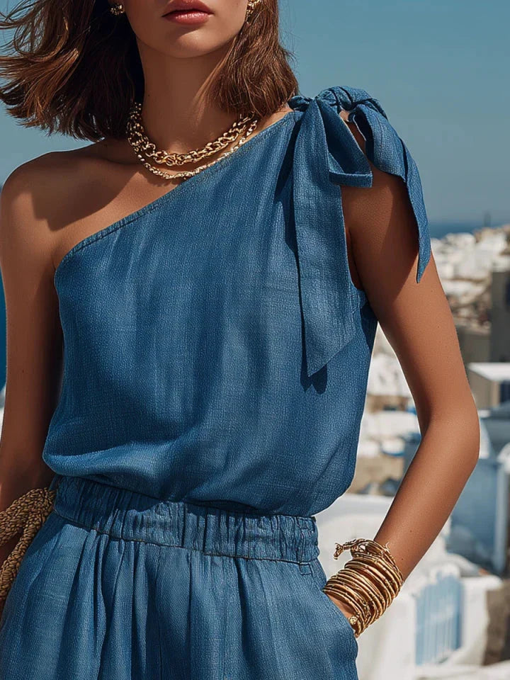 Skye | One-Shoulder Tencel Denim Shorts Set