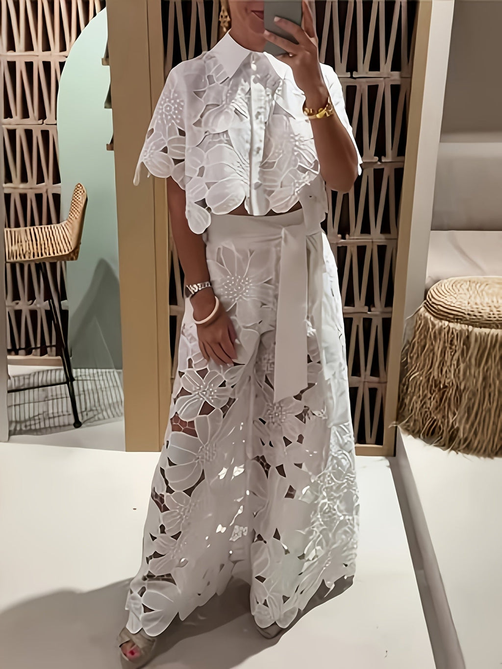 Elegant Hollow Lace Blouse Chic Womens Fashion