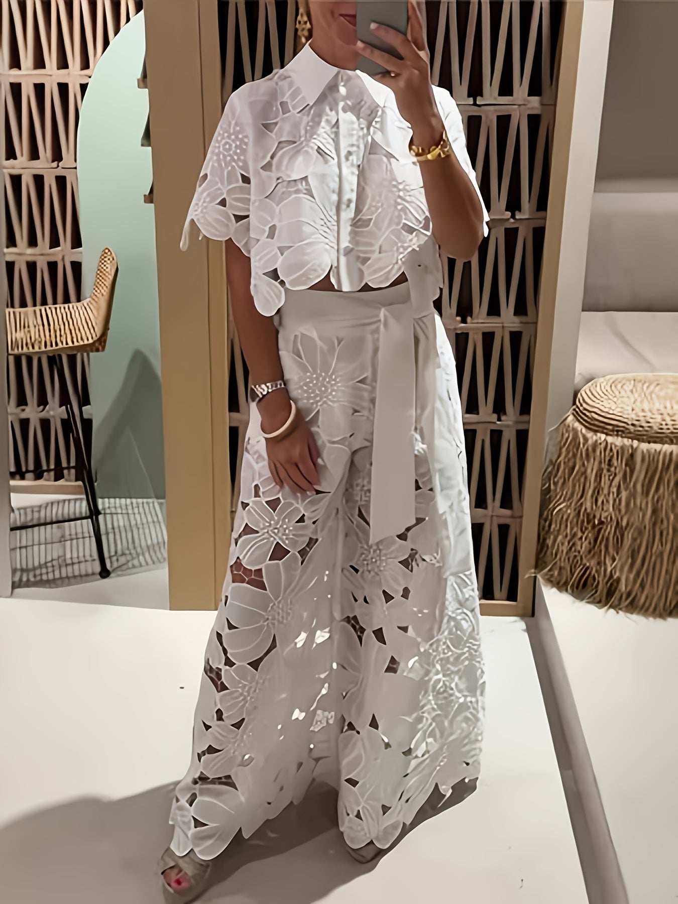 Elegant Hollow Lace Blouse Chic Womens Fashion