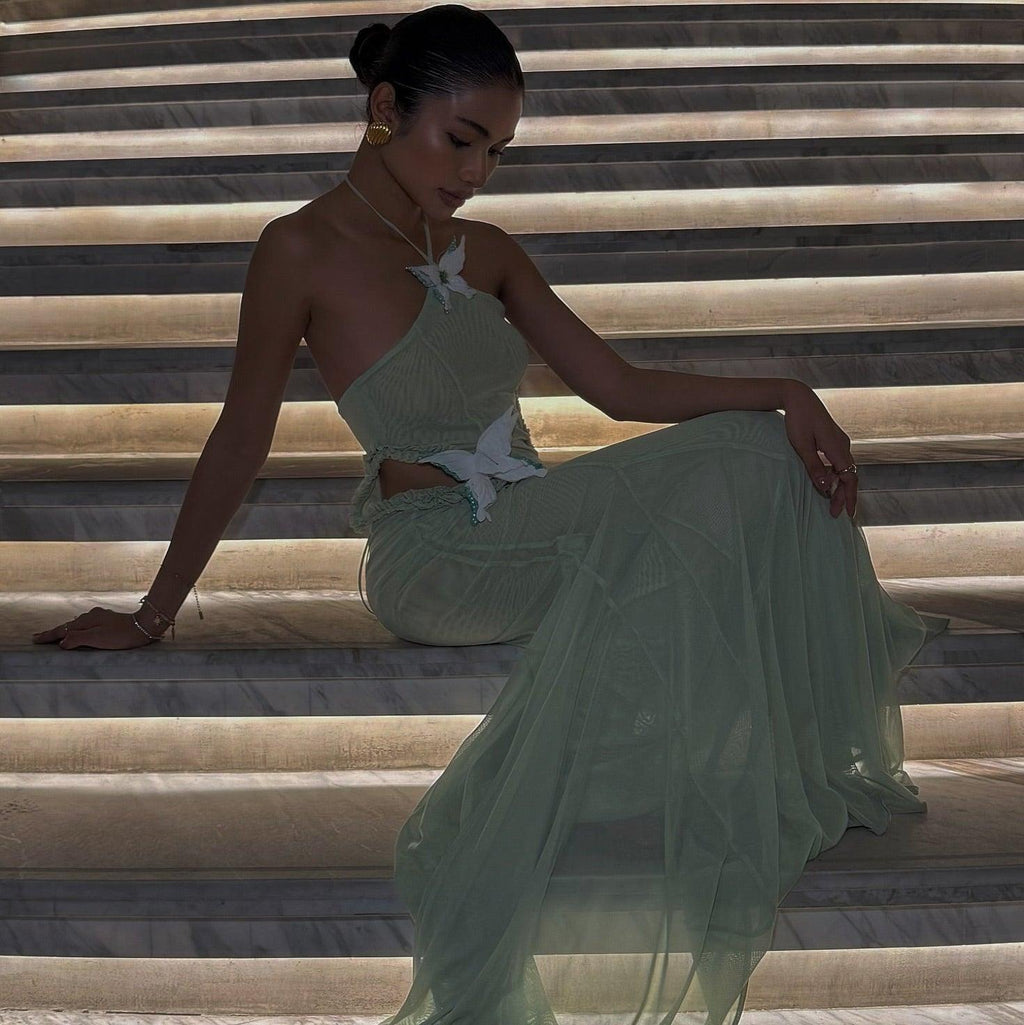Don't Need A Filter Butterfly Halter Light Green Maxi Dress