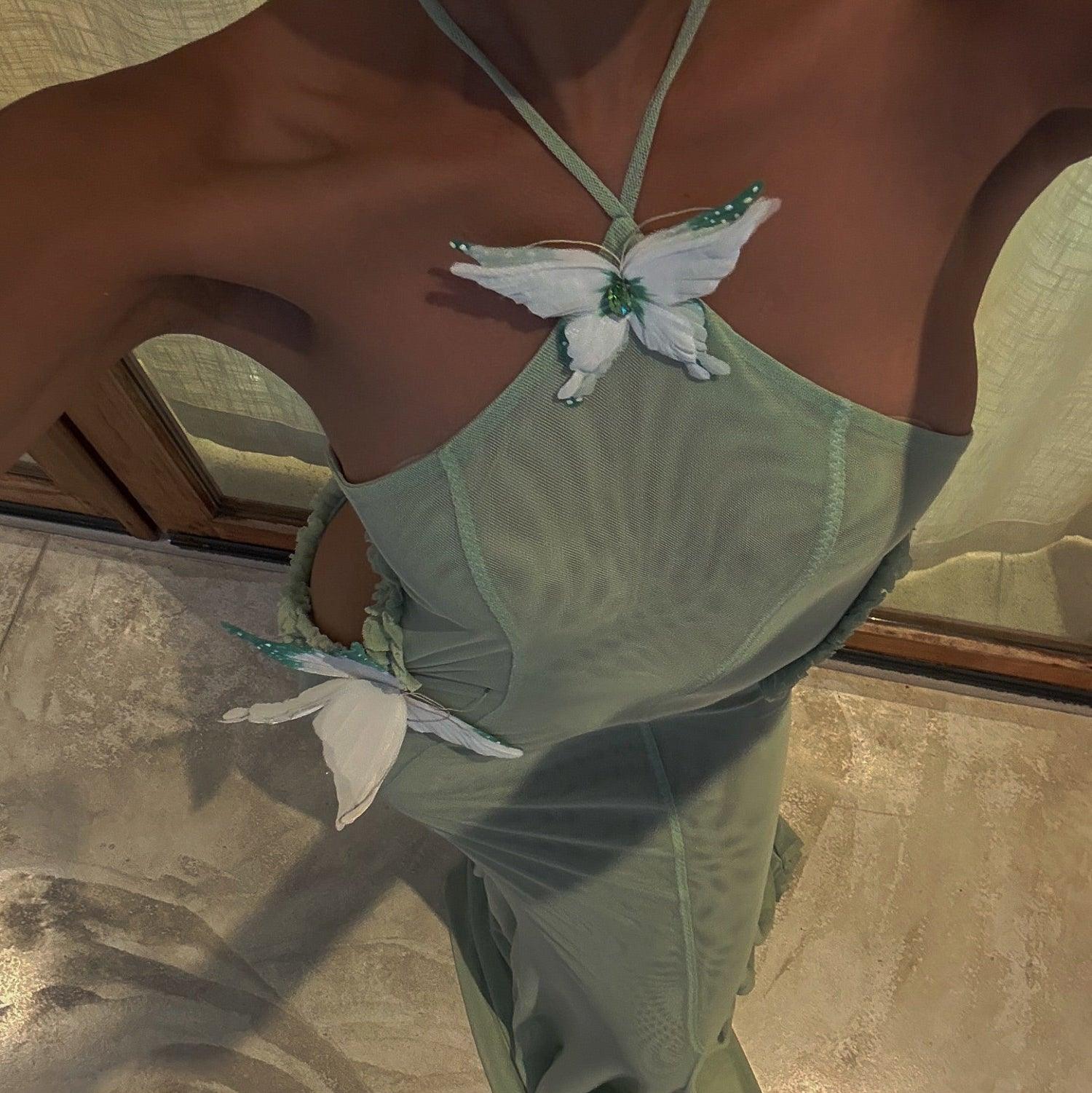 Don't Need A Filter Butterfly Halter Light Green Maxi Dress