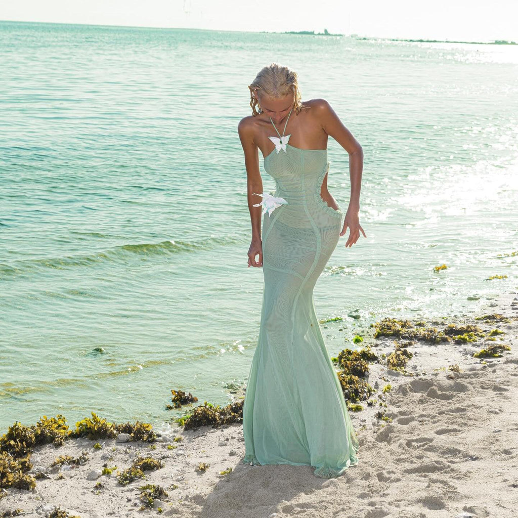 Don't Need A Filter Butterfly Halter Light Green Maxi Dress