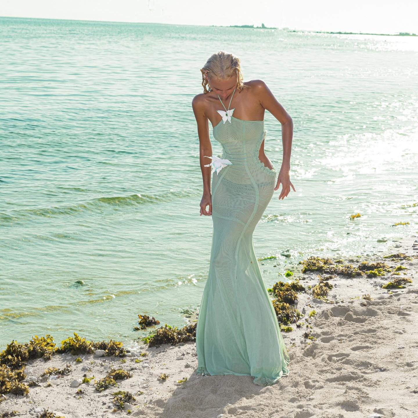 Don't Need A Filter Butterfly Halter Light Green Maxi Dress