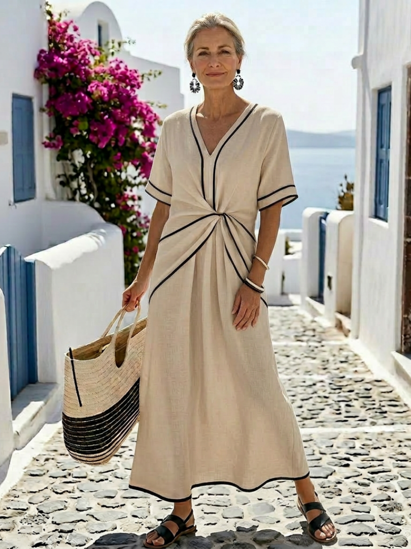 LINNEA | V NECK SHORT SLEEVE GATHERED WAIST LINEN MIDI DRESS