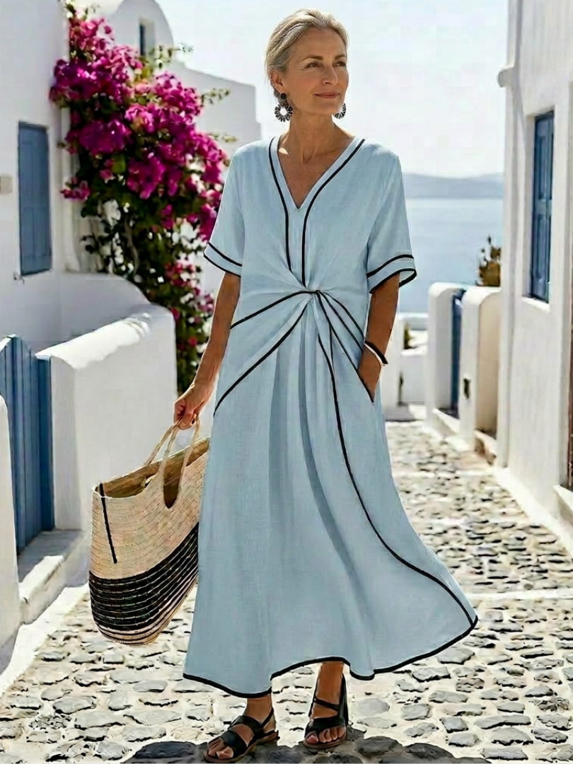 LINNEA | V NECK SHORT SLEEVE GATHERED WAIST LINEN MIDI DRESS