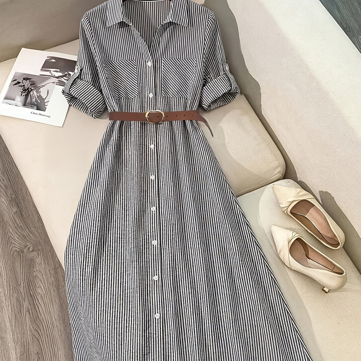 Striped Belted Shirt Dress