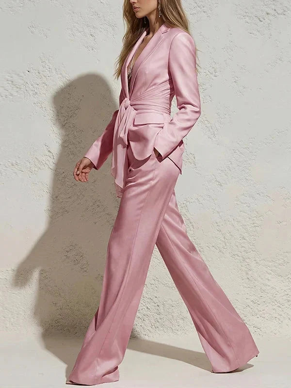 Blush | Satin Tie-Waist Blazer Wide-Leg Trouser Set