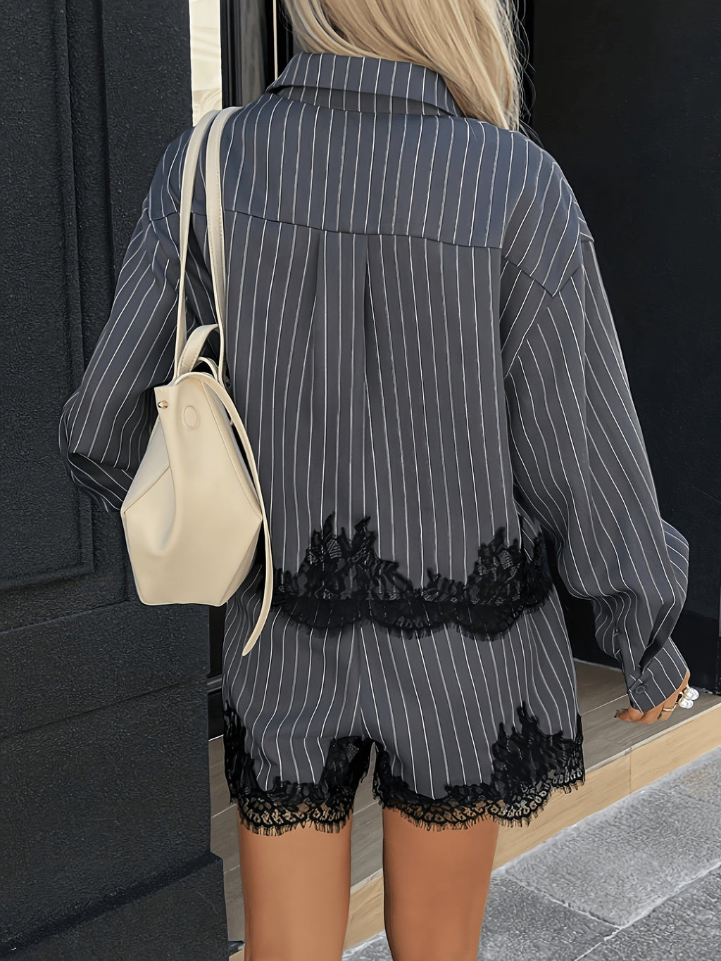 Lace Trim Patchwork Striped Shirt  Shorts Set