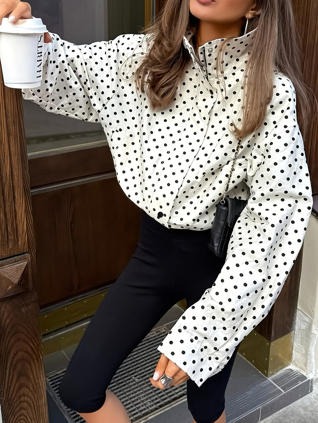 Polka Dot Stand Collar Jacket Chic  Playful Style
