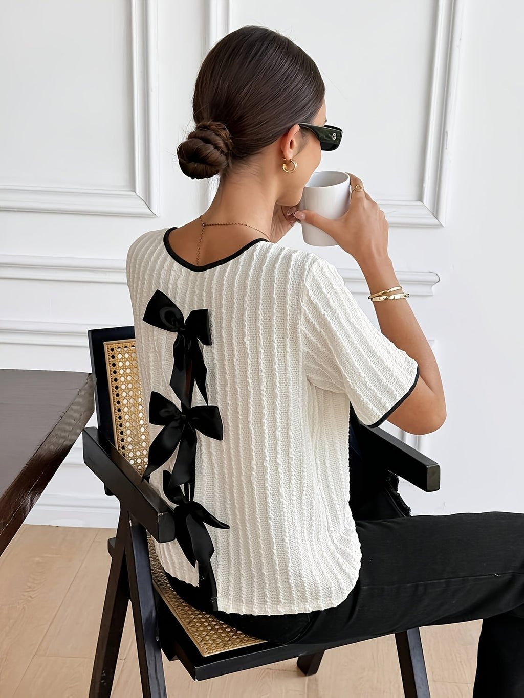 French Style Apricot Bow Back Stripe Crepe Top