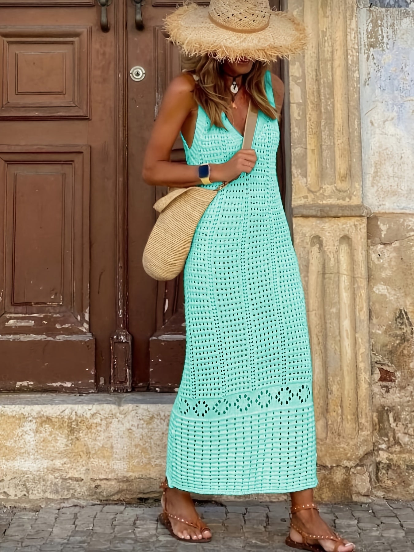 Sexy HollowOut Solid Color Tank Beach Maxi Dress