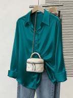 Satin commuter shirt by 64b136-1e, stylish tops with smooth satin fabric, button-up design, and classic collar.