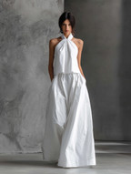 Women's Casual White Cotton And Linen Halter-neck Sleeveless Top And Skirt Set MDZ1269A6AN