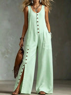 Sleeveless Button-Front Wide-Leg Jumpsuit