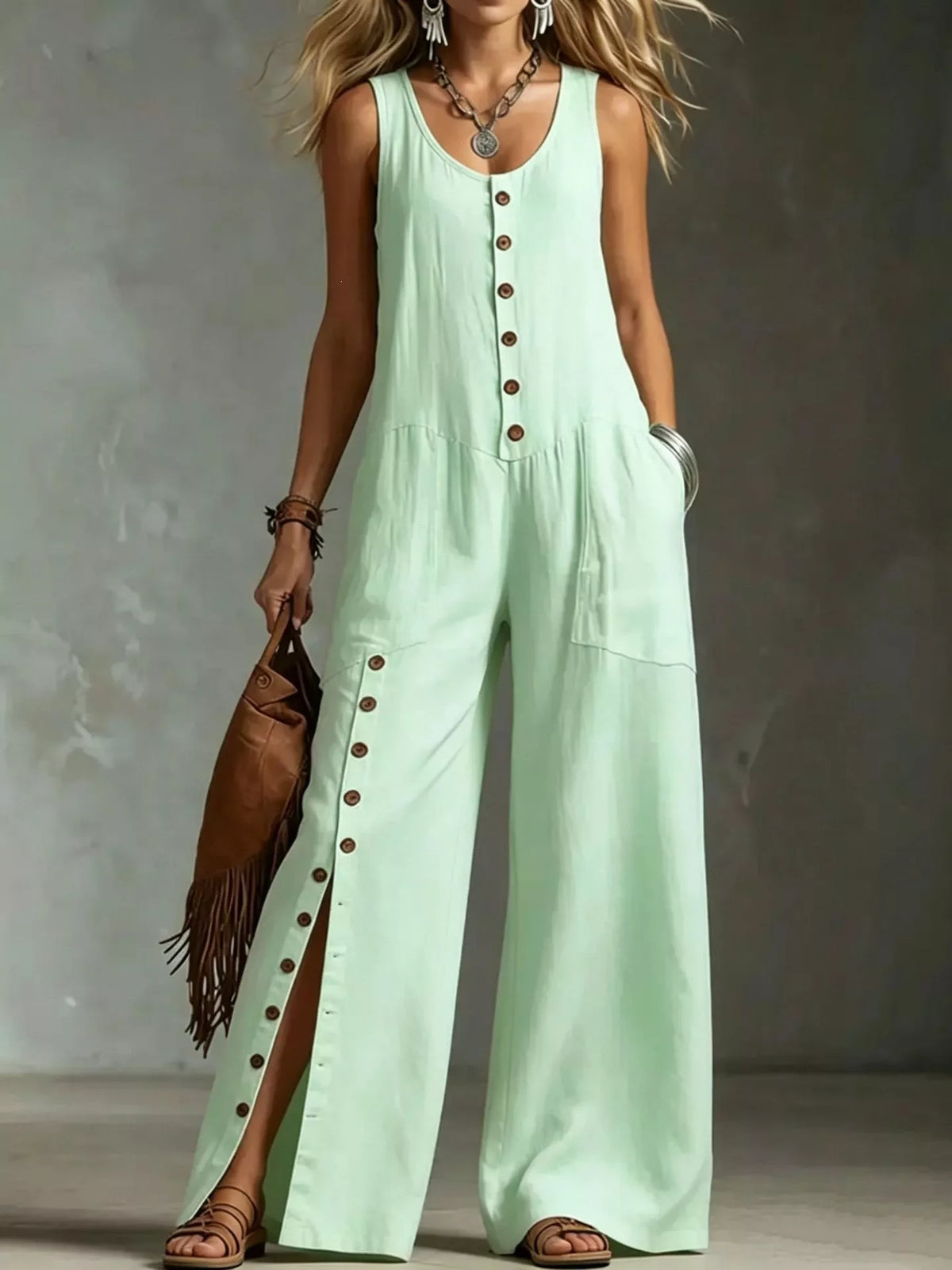 Sleeveless Button-Front Wide-Leg Jumpsuit
