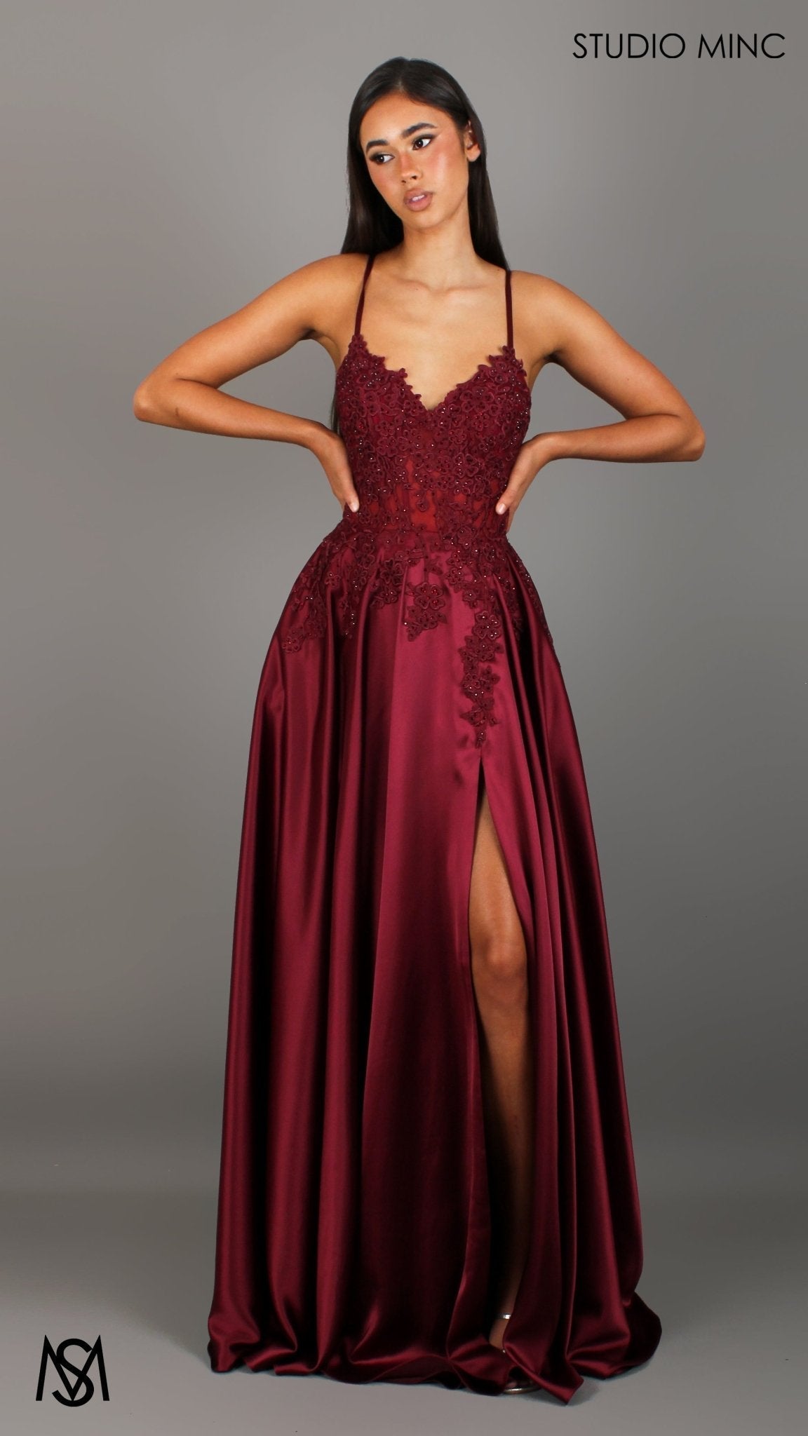 Eden - Burgundy Red formal dress | Floral V neckline, backless, A-line Satin Gown with Pockets