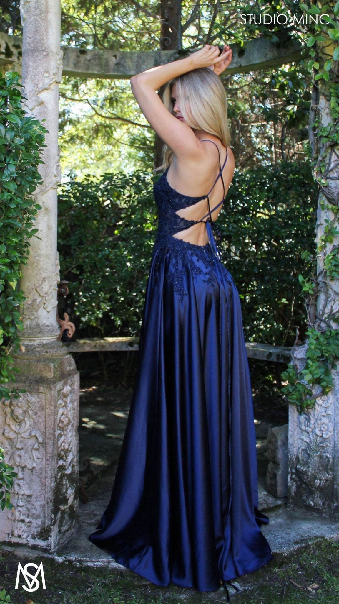 Eden - Navy Blue formal dress | Floral V neckline, backless, A-line Satin Gown with Pockets