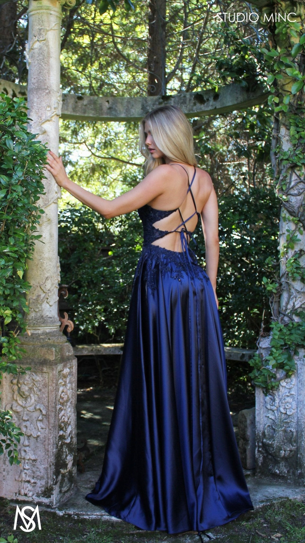 Eden - Navy Blue formal dress | Floral V neckline, backless, A-line Satin Gown with Pockets