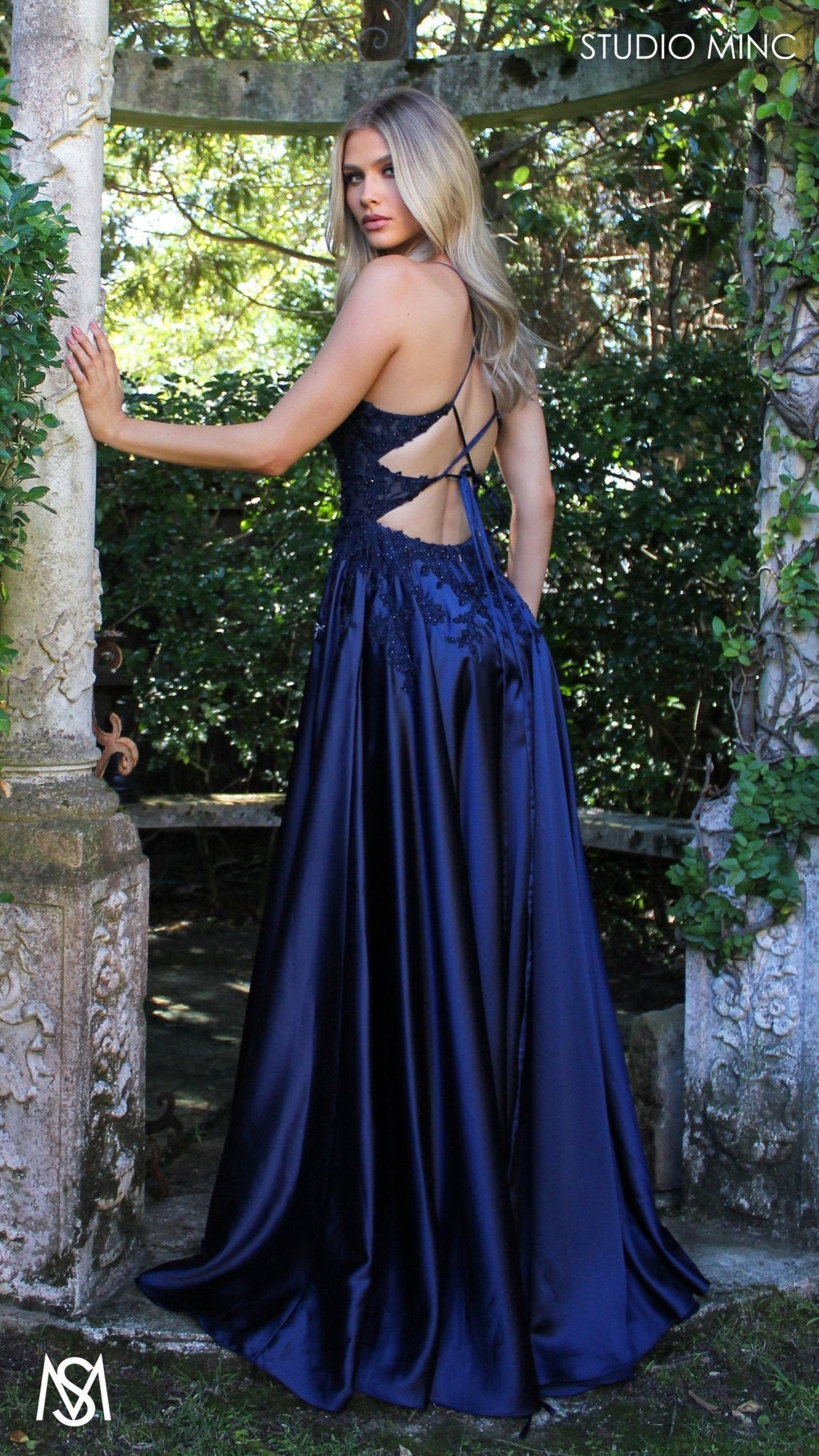 Eden - Navy Blue formal dress | Floral V neckline, backless, A-line Satin Gown with Pockets