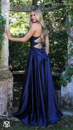 Eden - Navy Blue formal dress | Floral V neckline, backless, A-line Satin Gown with Pockets