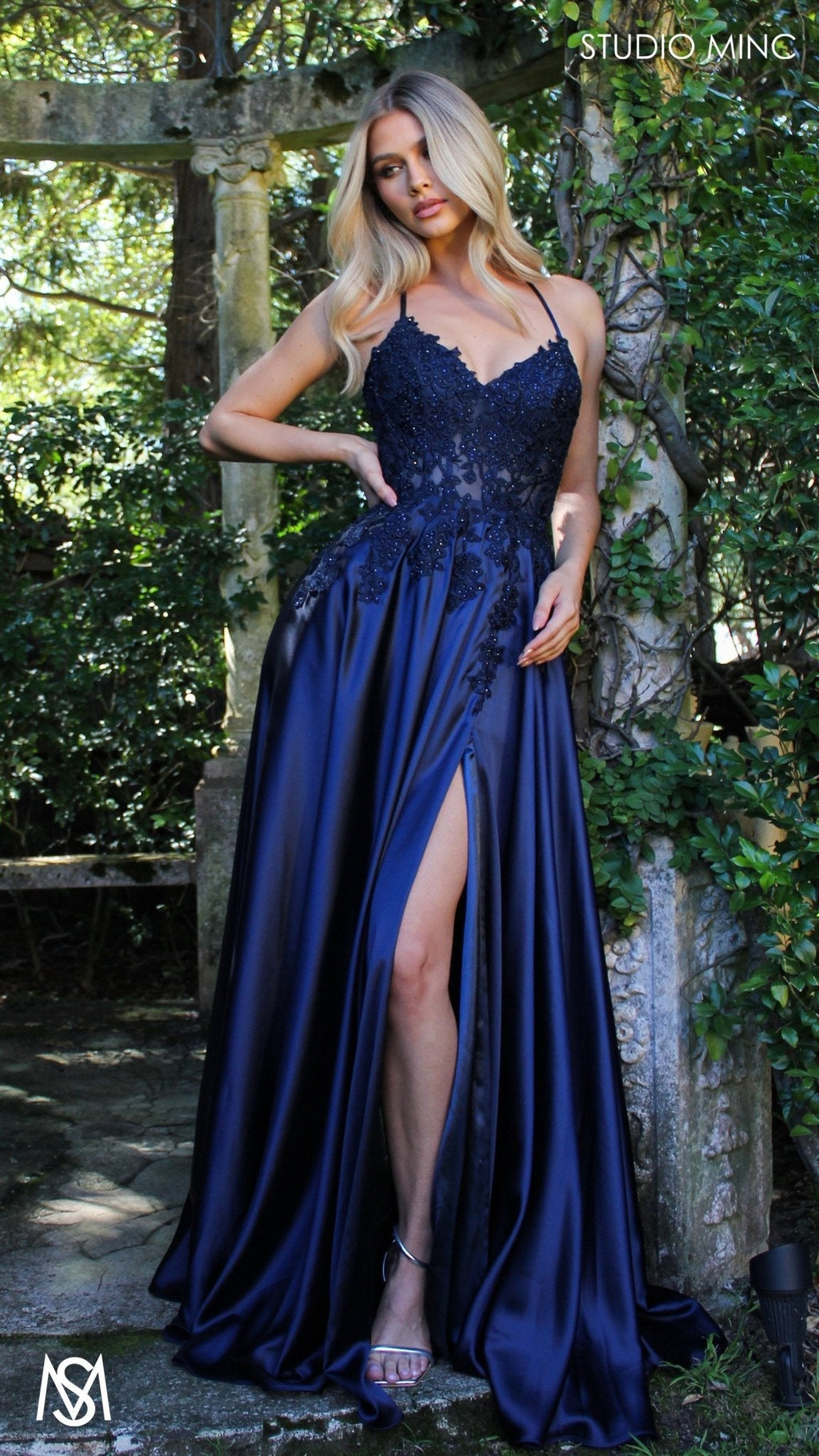 Eden - Navy Blue formal dress | Floral V neckline, backless, A-line Satin Gown with Pockets