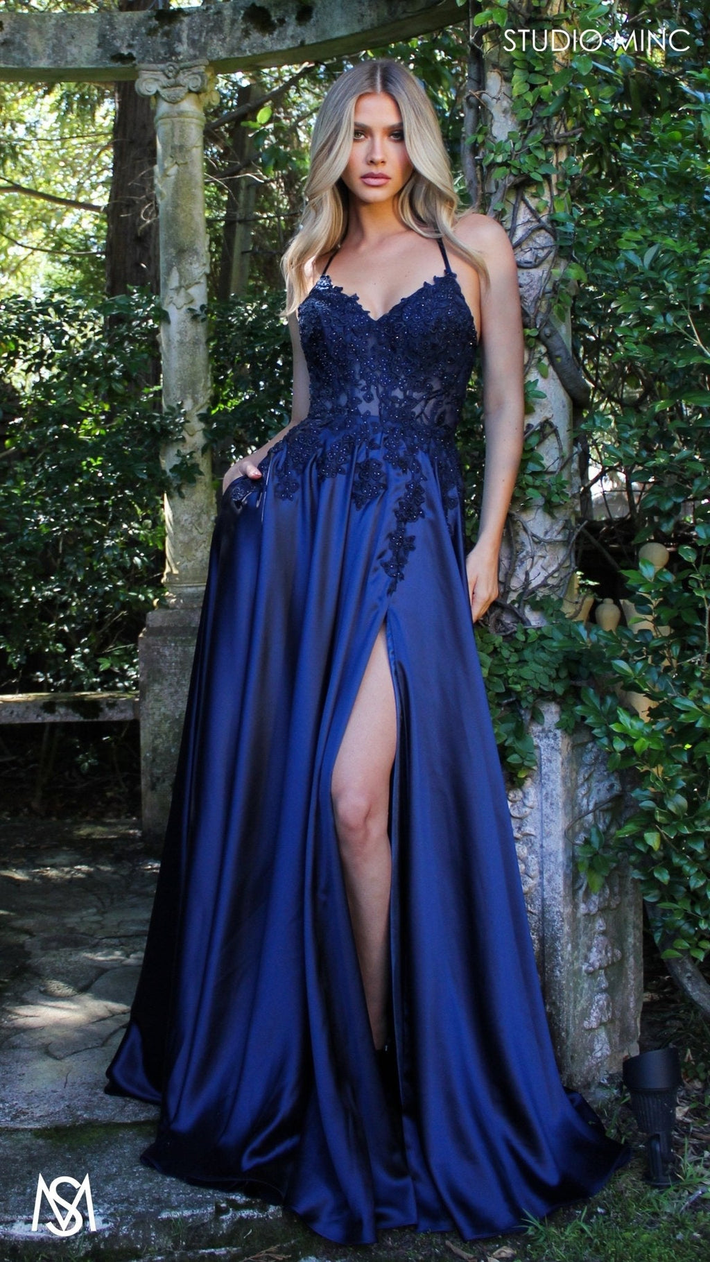 Eden - Navy Blue formal dress | Floral V neckline, backless, A-line Satin Gown with Pockets