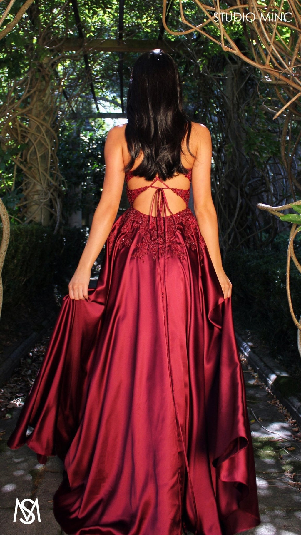 Eden - Burgundy Red formal dress | Floral V neckline, backless, A-line Satin Gown with Pockets