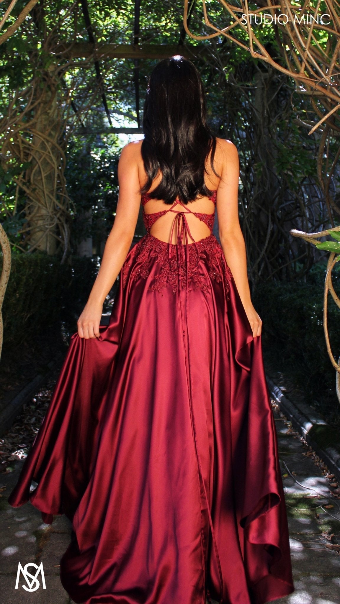 Eden - Burgundy Red formal dress | Floral V neckline, backless, A-line Satin Gown with Pockets