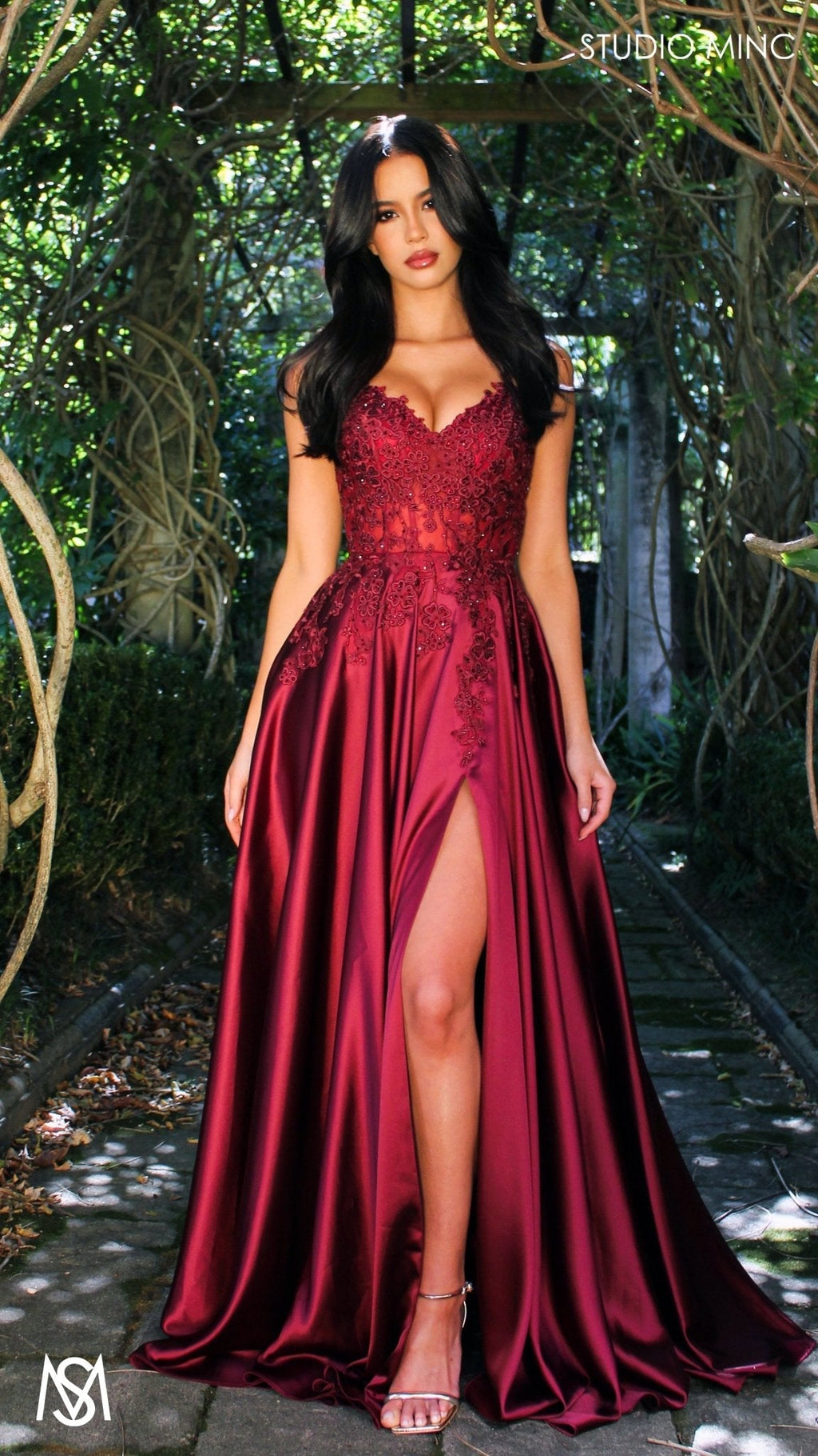 Eden - Burgundy Red formal dress | Floral V neckline, backless, A-line Satin Gown with Pockets
