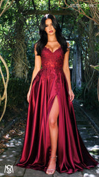 Eden - Burgundy Red formal dress | Floral V neckline, backless, A-line Satin Gown with Pockets