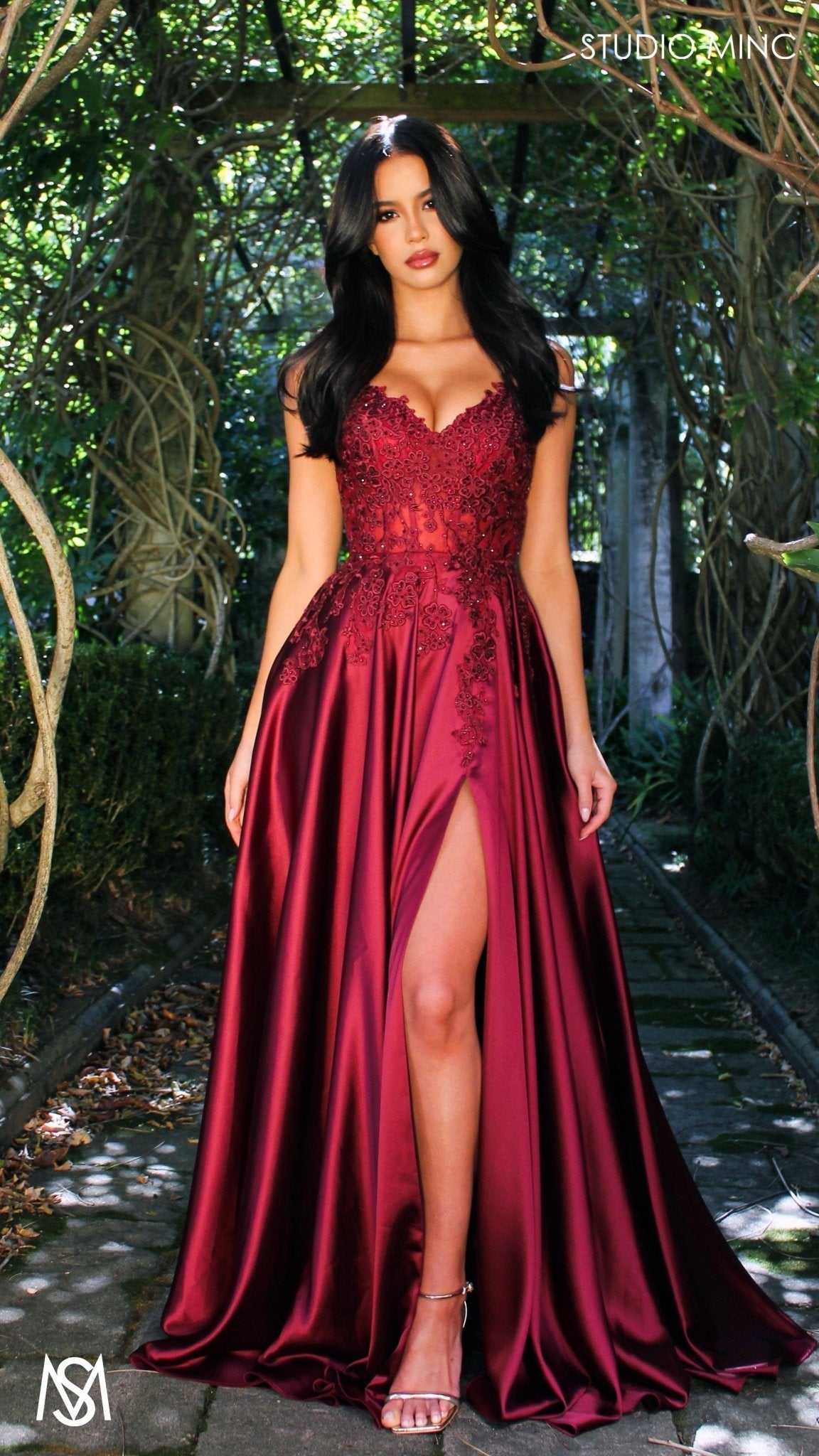 Eden - Burgundy Red formal dress | Floral V neckline, backless, A-line Satin Gown with Pockets